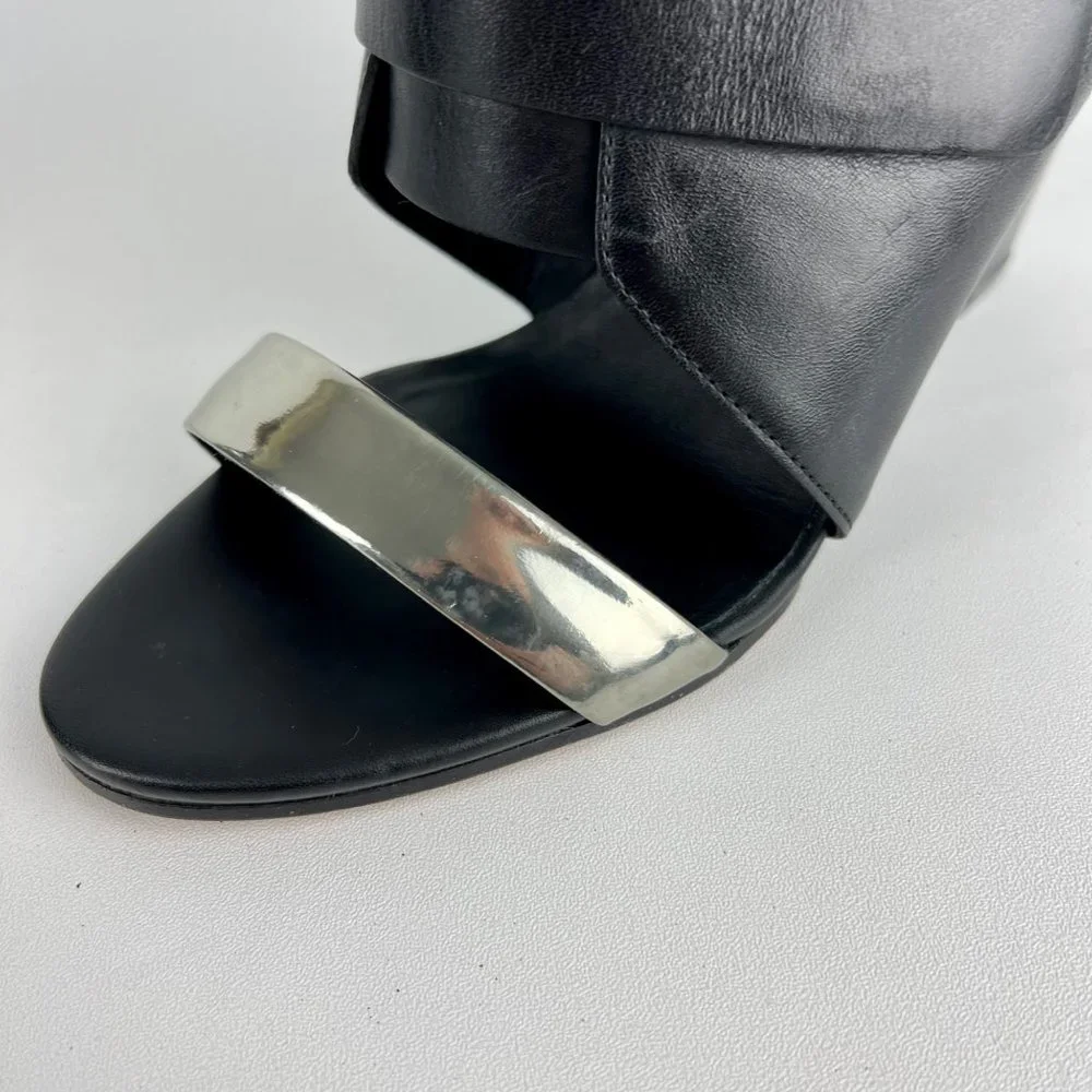 Vince Karima Wedge Mule Slide Sandals Black Leather Silver Detail size 8.5